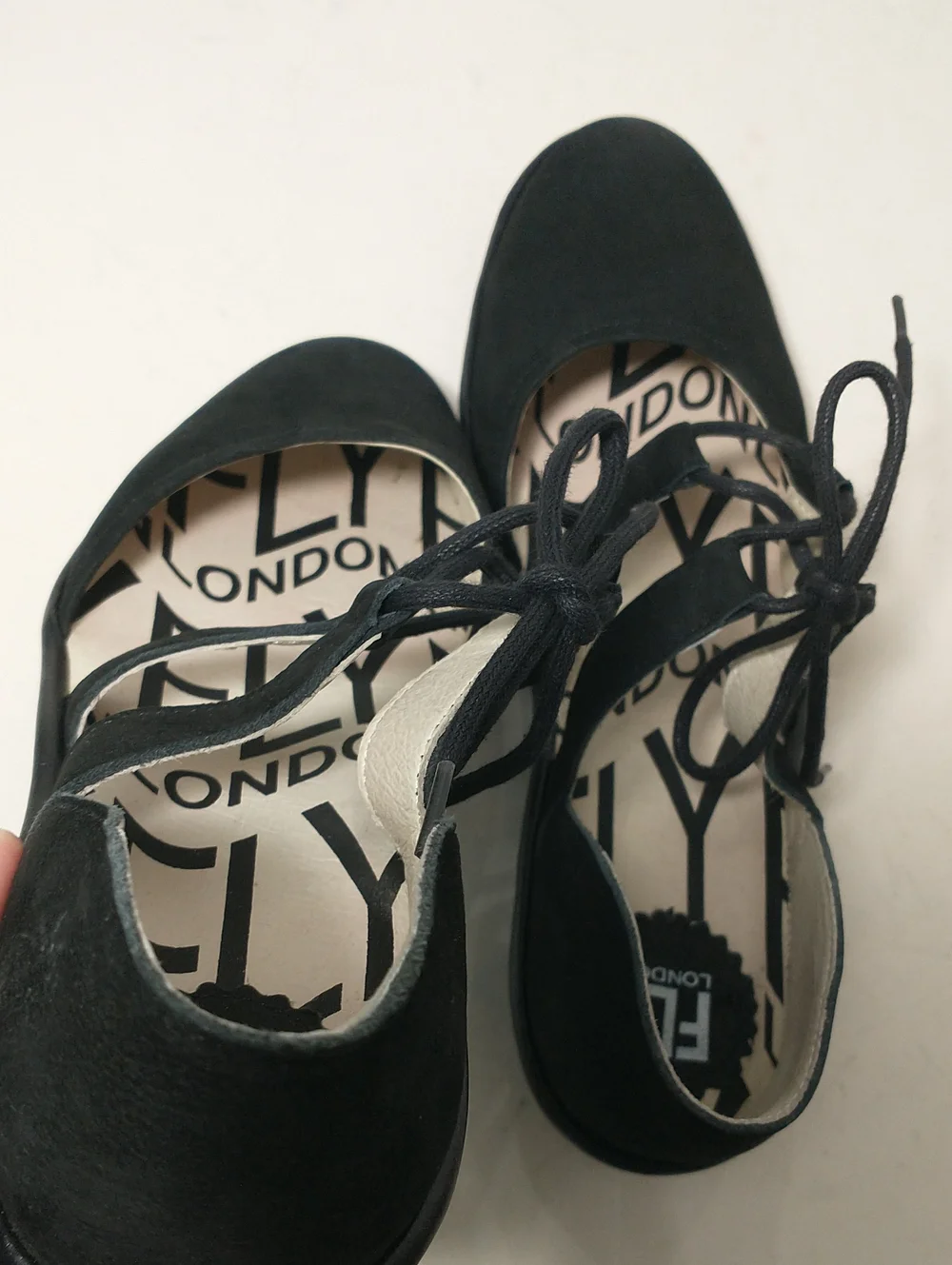 LIKE NEW Fly London Poma Tie Wedge Sandal, Covered Toe, Black, Euro 39, US 8